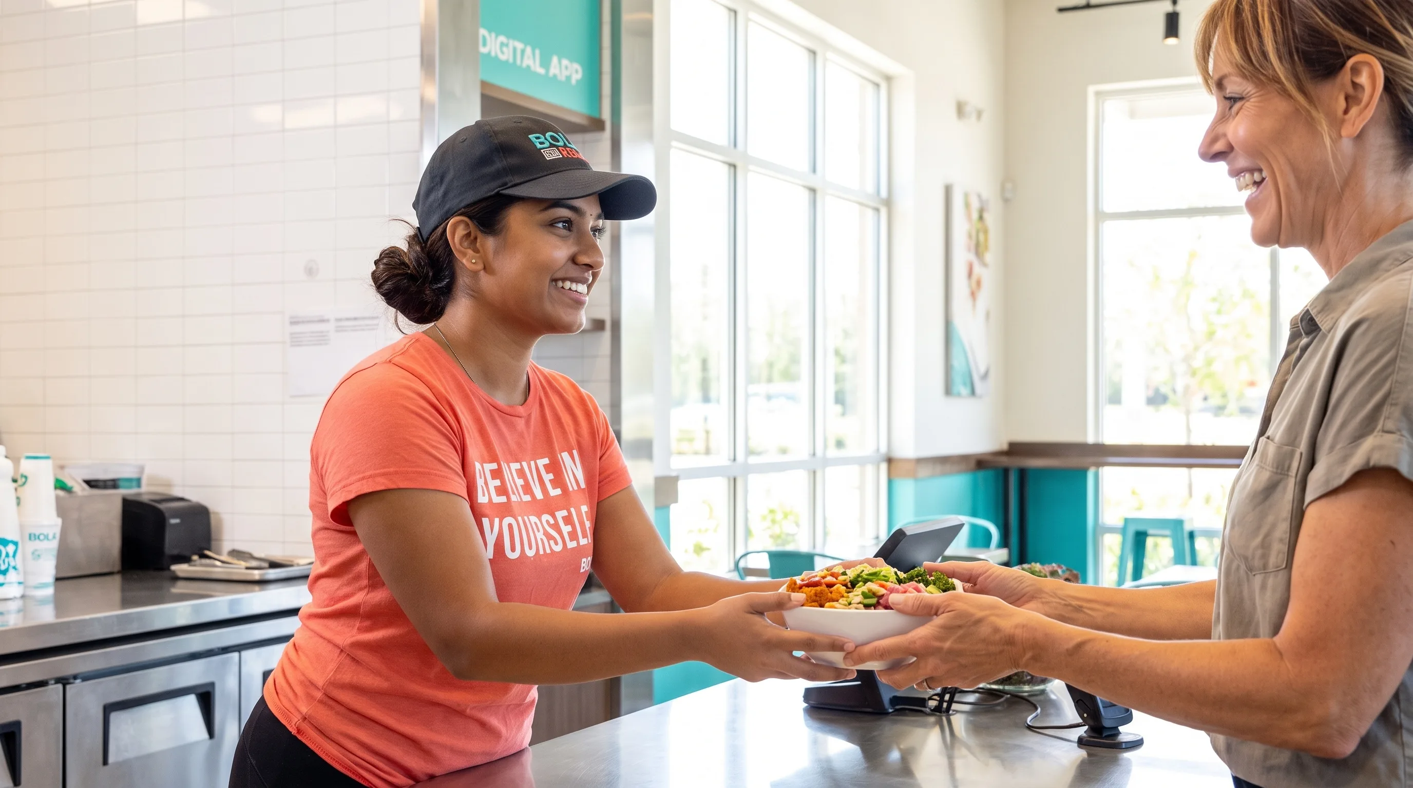 A Bolay employee handing a fresh bowl across the counter to a smiling customer