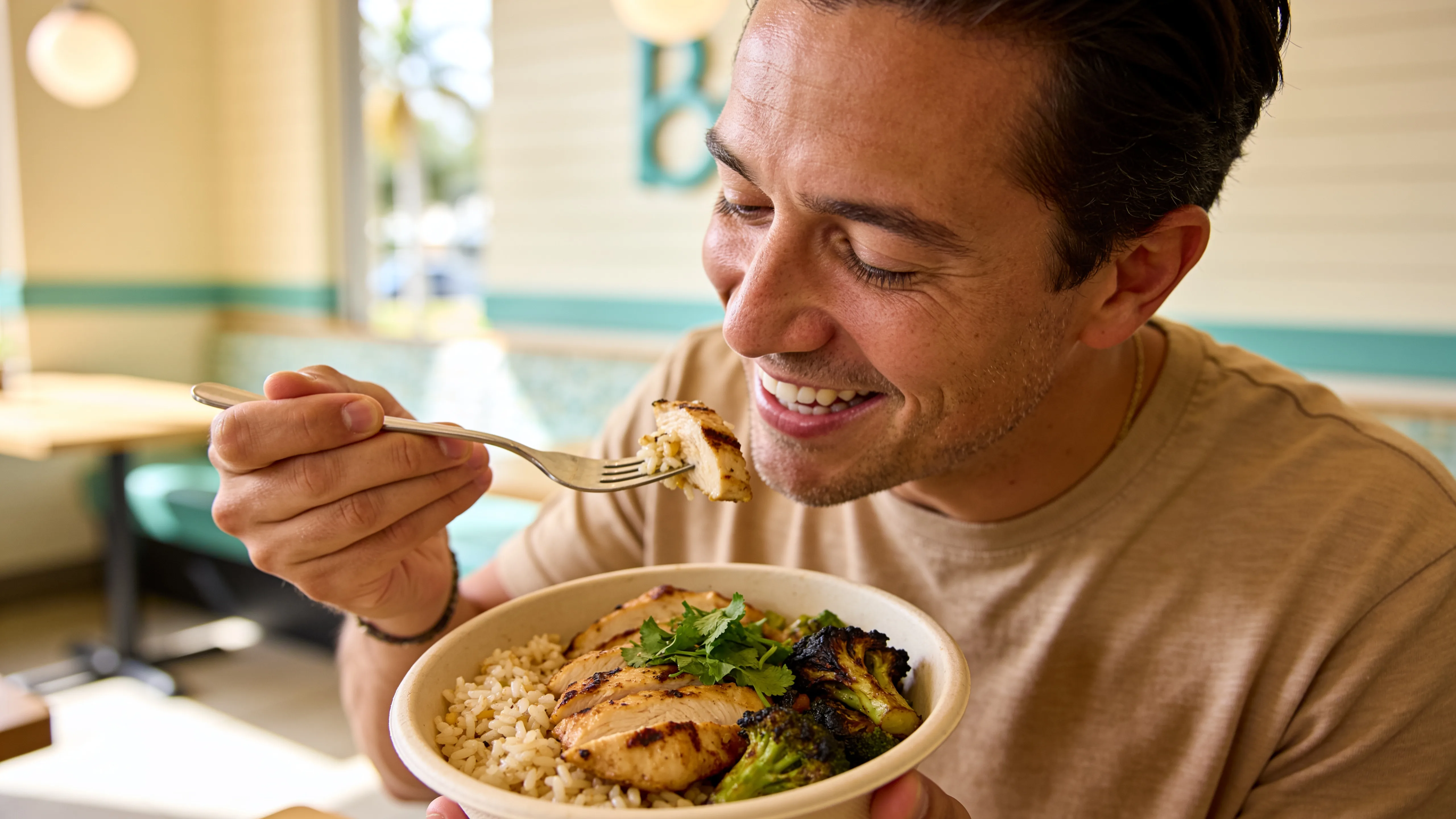 A customer at a sunny Bolay table enjoying a bowl