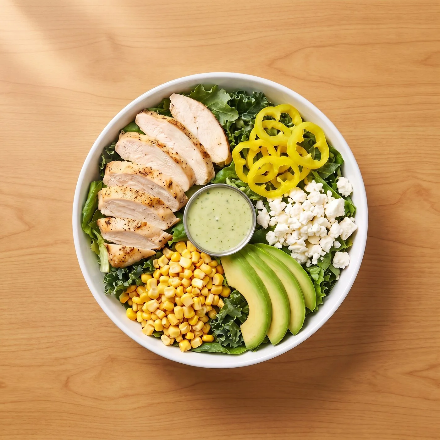 Fiesta Garden Salad: Naked artisan greens and kale, topped with lemon chicken, street corn, banana peppers, feta, and avocado, finished with cilantro lime vinaigrette.