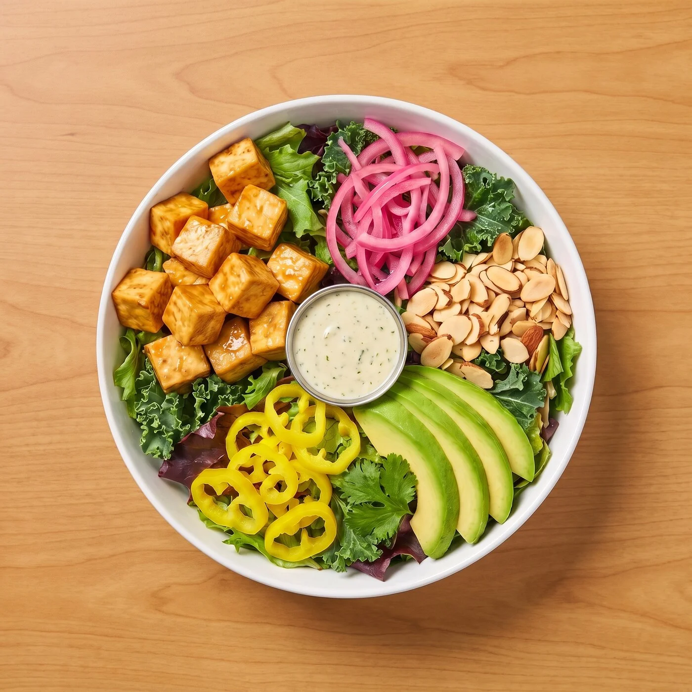 Floridita Salad: Greens and kale topped with miso-glazed tofu, pickled red onions, toasted almonds, banana peppers, avocado, and cilantro, finished with creamy garlic & herb.
