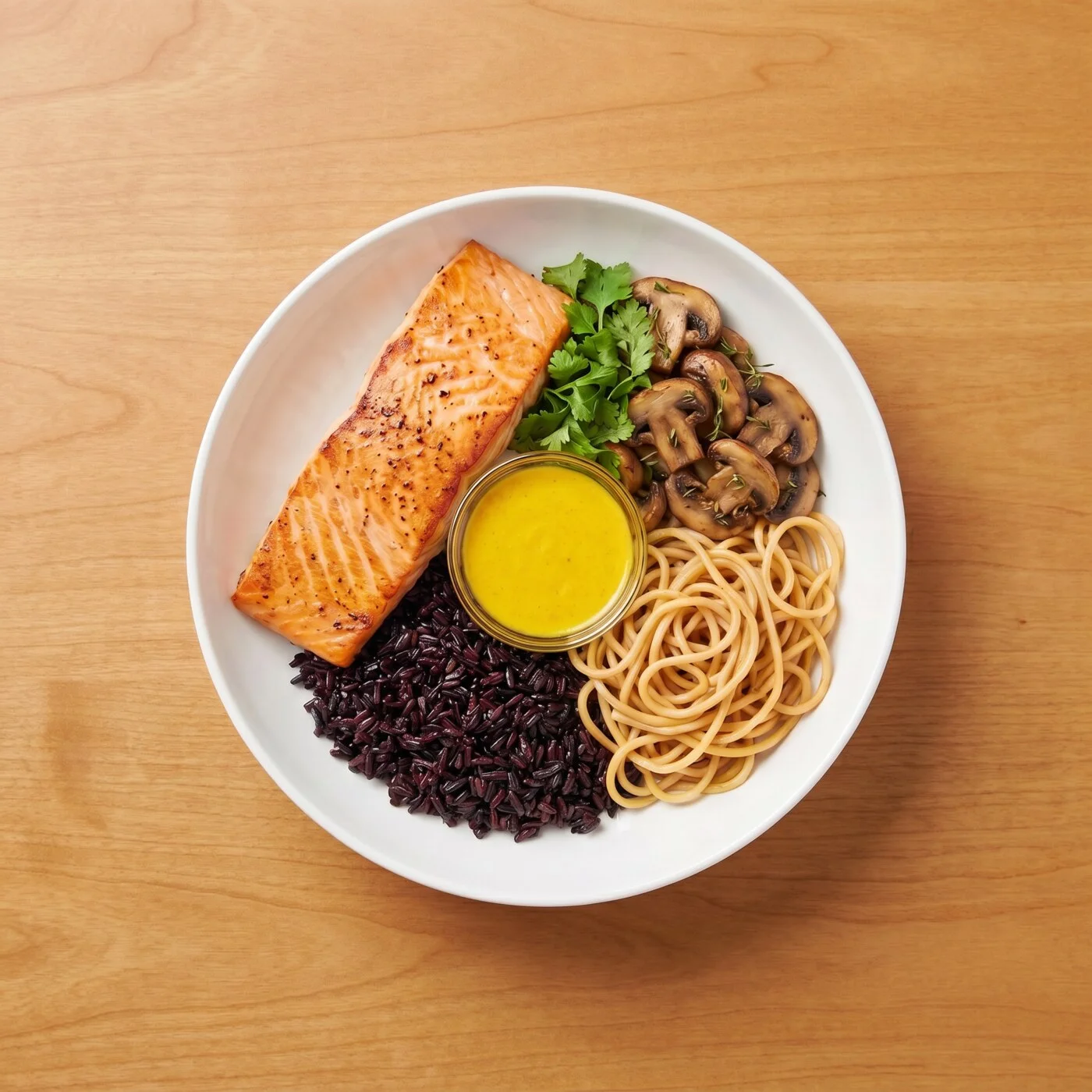 Fusion Salmon Bol: Roasted Coho salmon paired with 100% black rice and Asian noodles, complemented by thyme roasted mushrooms, fresh cilantro, and a ginger turmeric sauce.