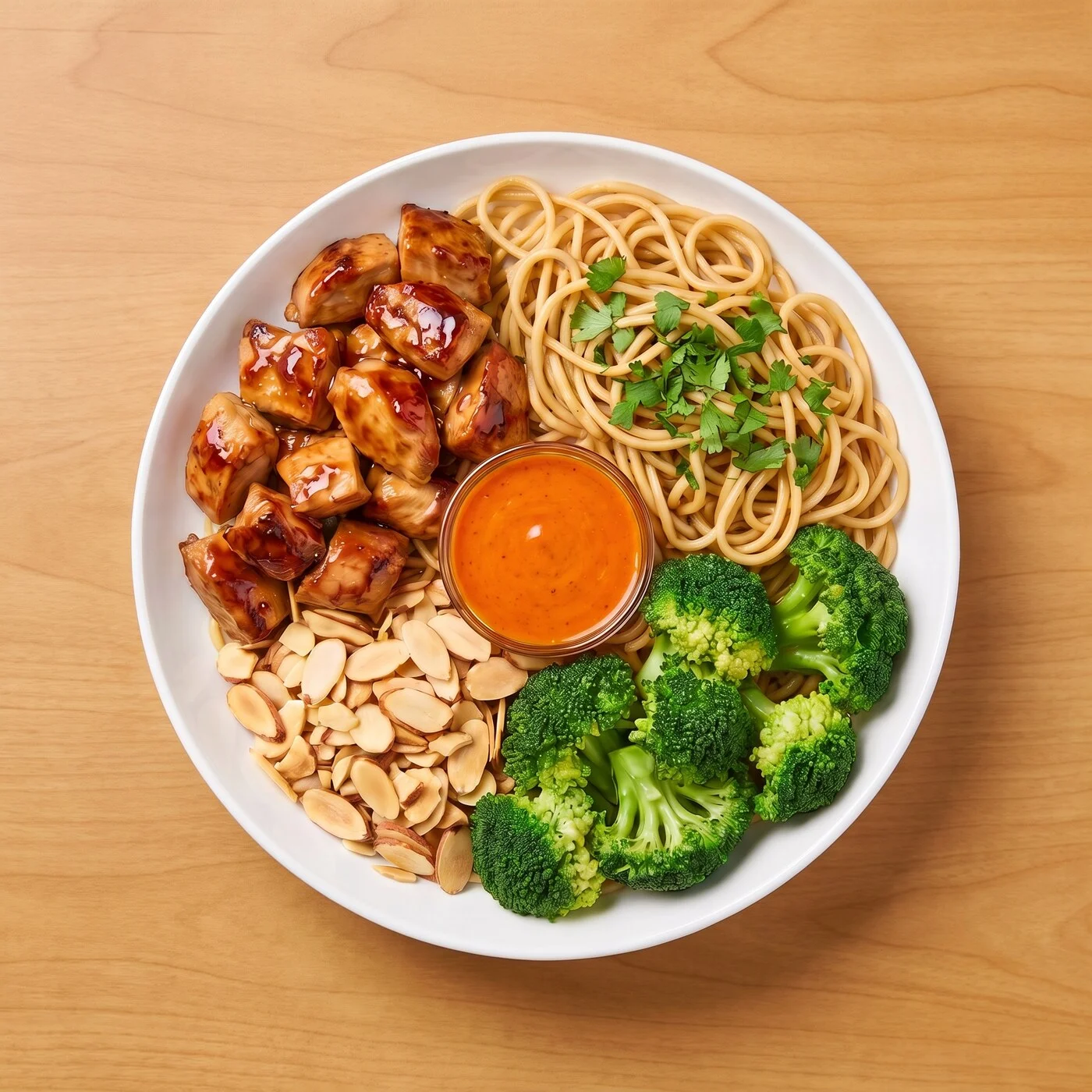 The Nood-trition Bol: Double Asian noodles and garlic broccoli with teriyaki chicken, toasted almonds, cilantro, and smoky chipotle for a bold, satisfying bite.