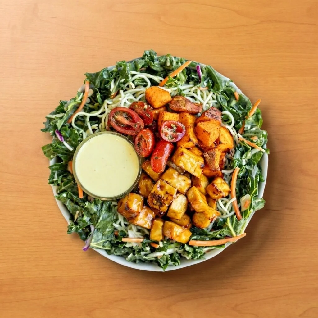 Omega Miso Bol: Pesto noodles and kale salad with maple sweet potatoes, miso-glazed tofu, chimichurri tomatoes, and ginger turmeric dressing.