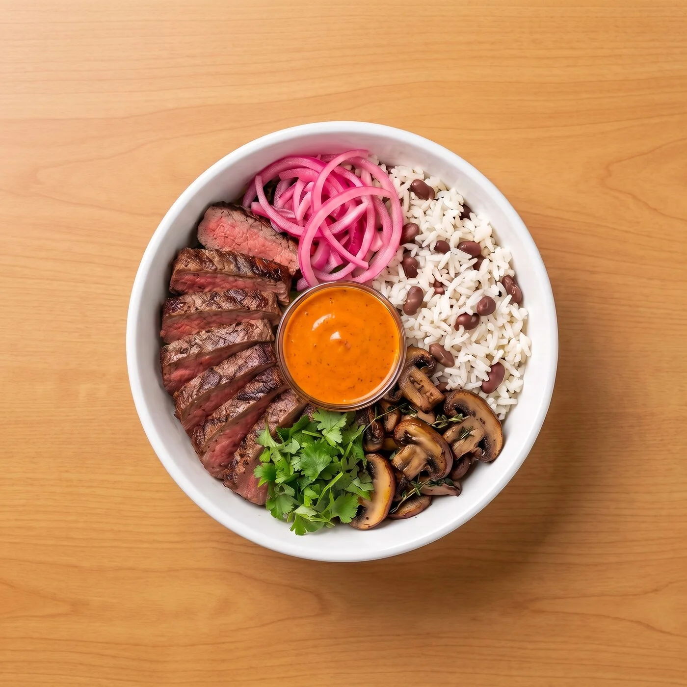 Power Steak Bol: Signature steak over jasmine rice and power beans, topped with thyme roasted mushrooms, pickled red onions, and fresh cilantro, finished with smoky chipotle.