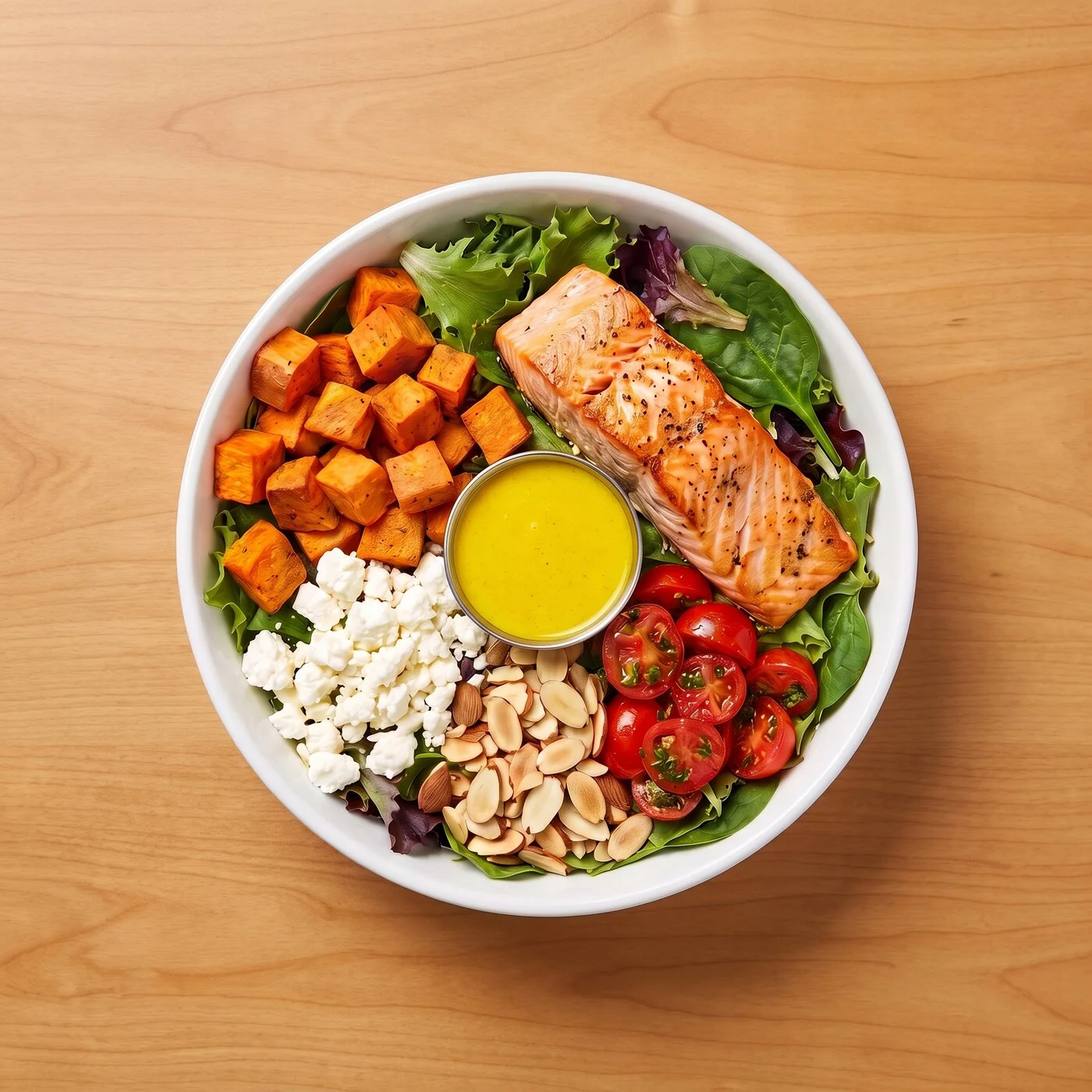 Salmon Superfood Salad: Naked artisan greens and spinach, roasted Coho salmon, roasted sweet potatoes, feta, chimichurri tomatoes, and toasted almonds, served with ginger turmeric.