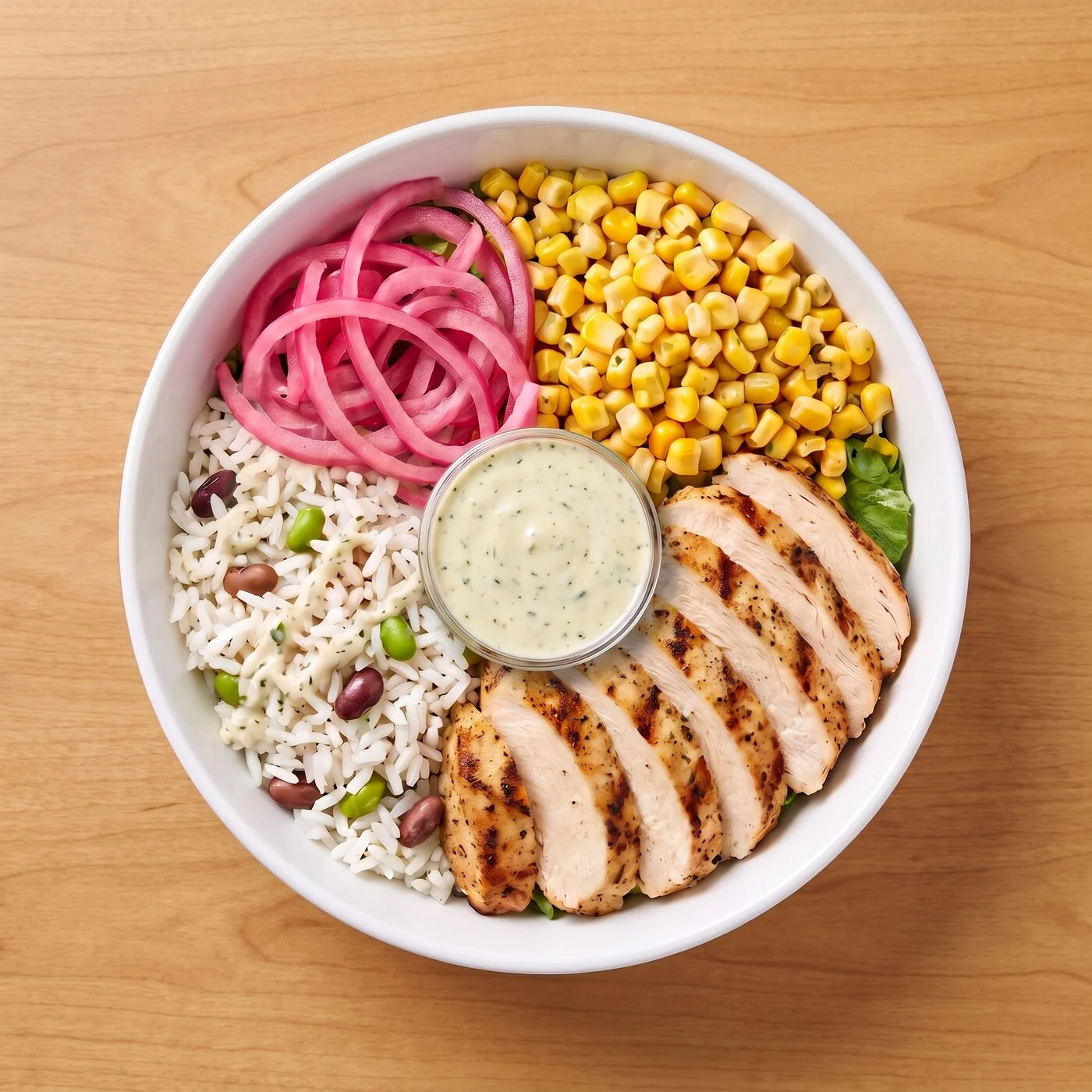 Simply Grilled Chicken Bol: Jasmine rice, power bean medley, and street corn with simply grilled chicken and pickled red onions, finished with creamy garlic & herb.