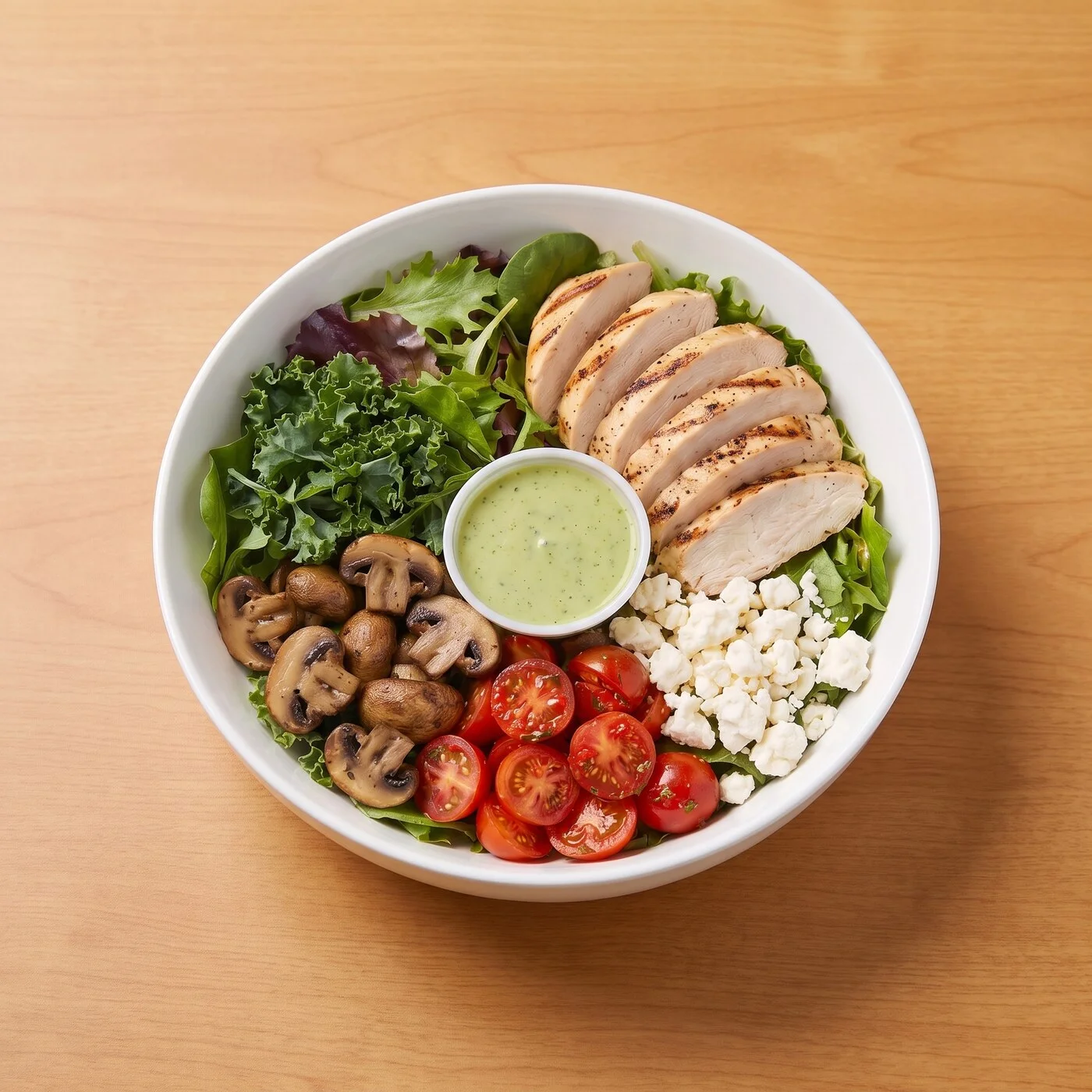 Simply Grilled Chicken Salad: Simply grilled chicken over artisan greens and chopped kale, with thyme roasted mushrooms, chimichurri tomatoes, feta, and zesty cilantro lime vinaigrette.