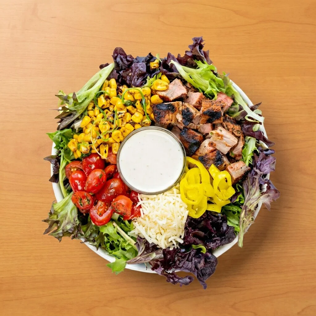 Steak Street Salad: Mixed greens topped with chilled street corn, steak, chimichurri tomatoes, Parmesan, banana peppers, and cilantro, finished with creamy garlic & herb dressing.