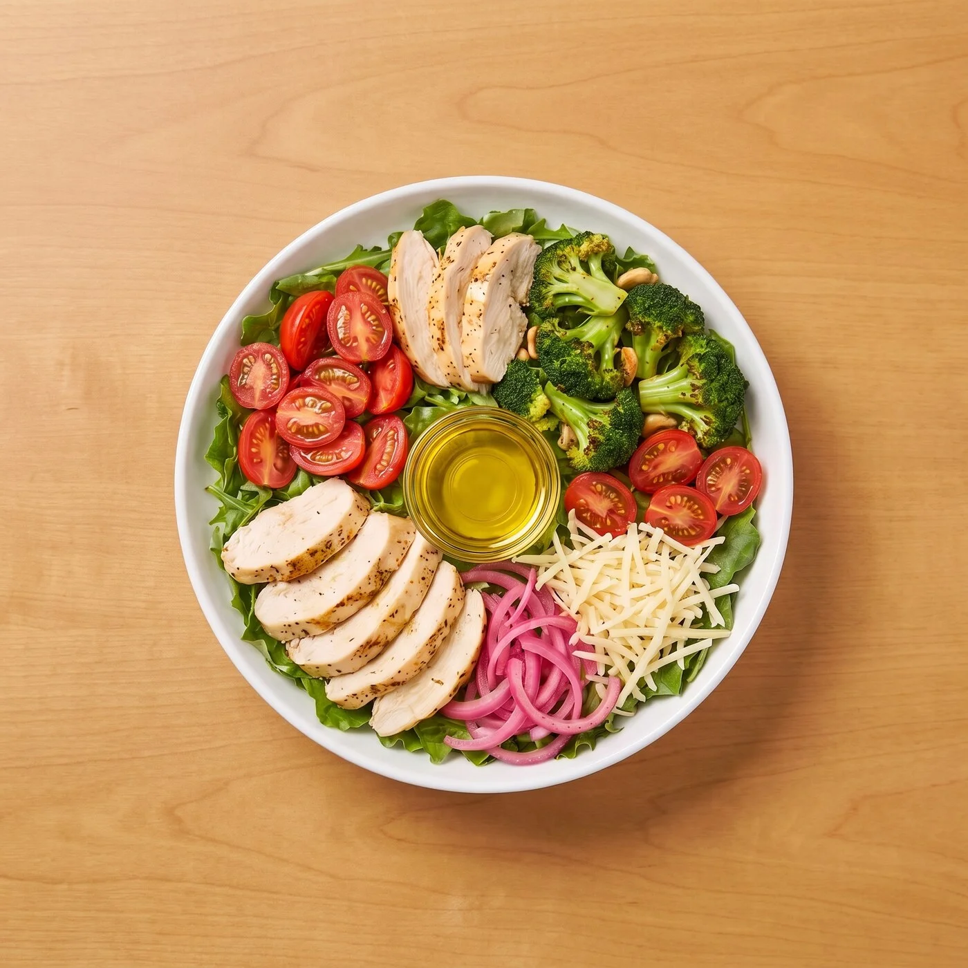 Tuscan Market Salad: Naked artisan greens and garlic broccoli, topped with lemon chicken, chimichurri tomatoes, pickled red onions, and Parmesan, finished with extra virgin olive oil.