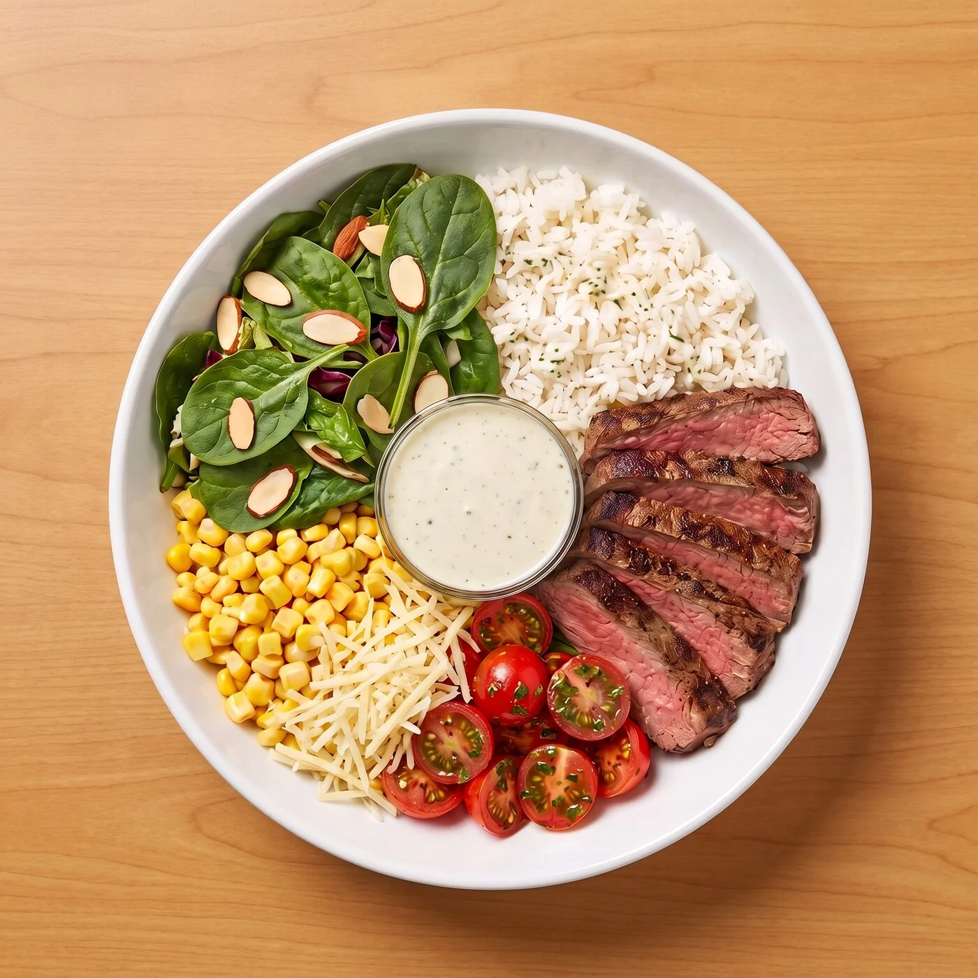 Warrior Steak Bol: Jasmine rice, spinach & almond salad, and chilled street corn with steak, topped with Parmesan, chimichurri tomatoes, and creamy garlic & herb.